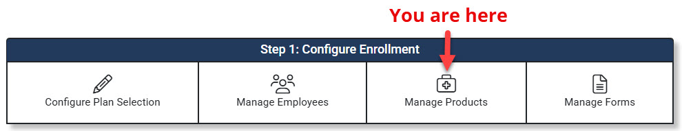 Screenshot highlighting the Manage Products link in the Enrollment Hub