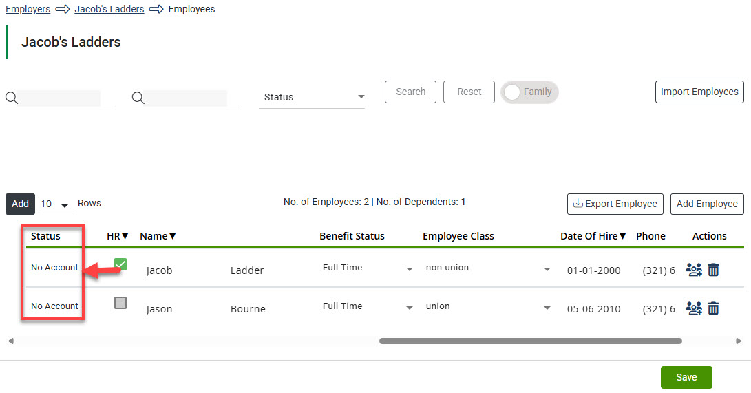 Screenshot highlighting the account statuses for Employees on the Employee Listing page