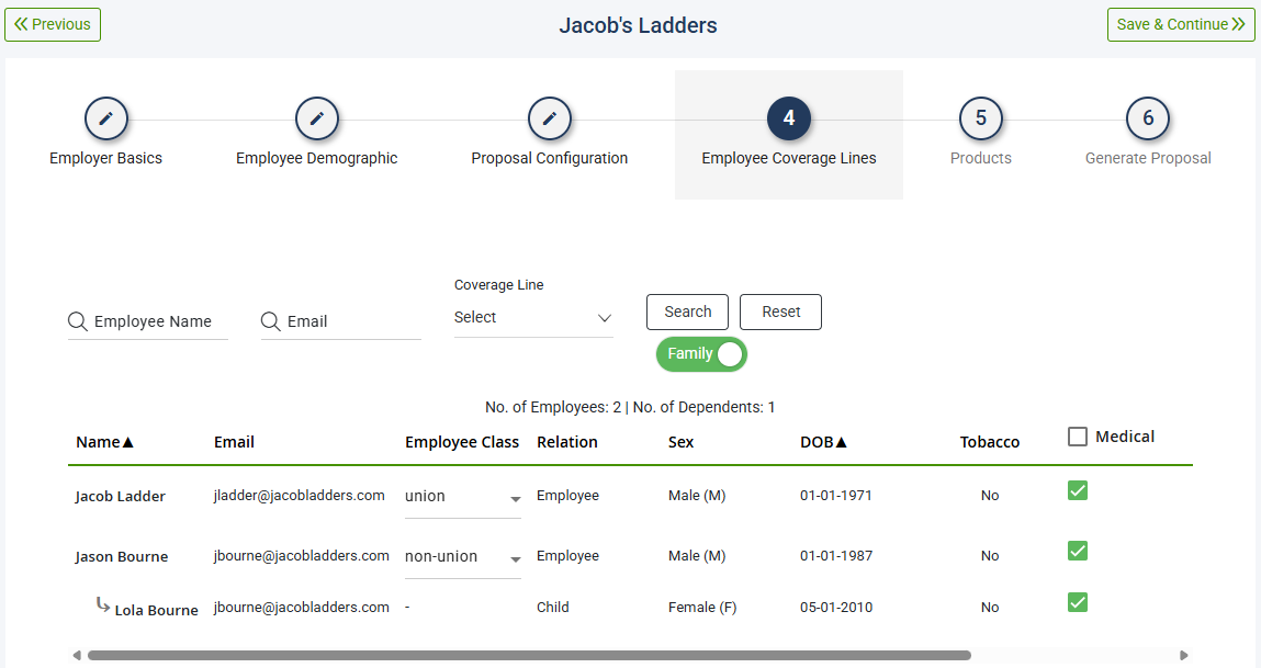 Screenshot showing the Employee Coverage Lines step in a Proposal