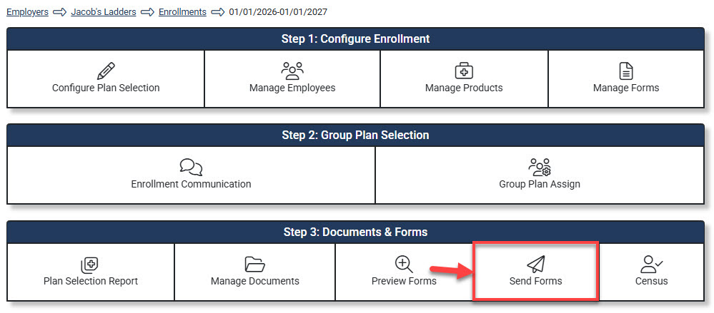 Screenshot highlighting the Send Forms option in the Enrollment Hub