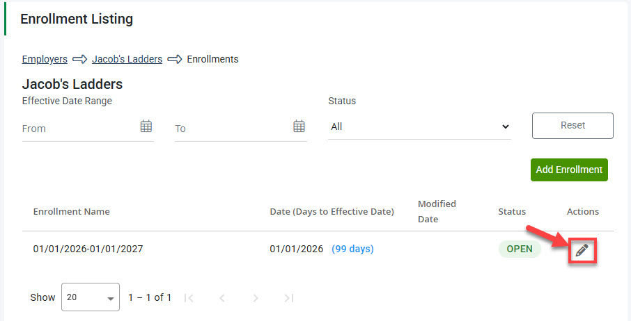 Screenshot showing how to select and open an existing Enrollment from the Enrollment Listing to edit its enrollment details