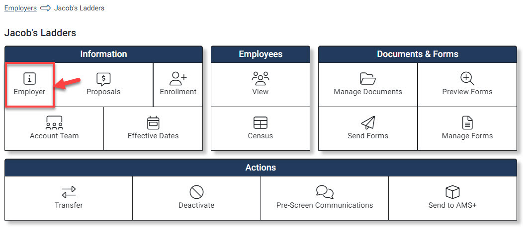 Screenshot showing how to access Employer Info from the Employer Hub