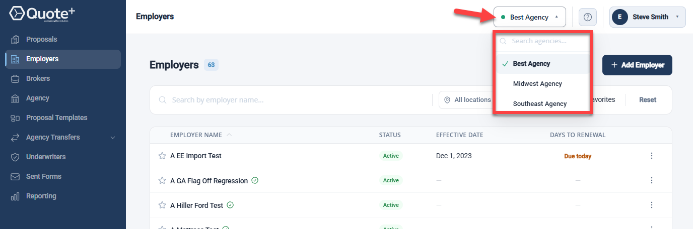 Screenshot highlighting the Sub-Agency dropdown list in the Quote+ header
