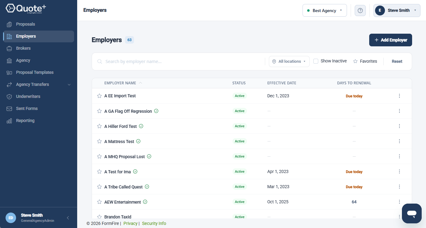 Screenshot showing the Employers page while logged into Quote+ as a GA Broker