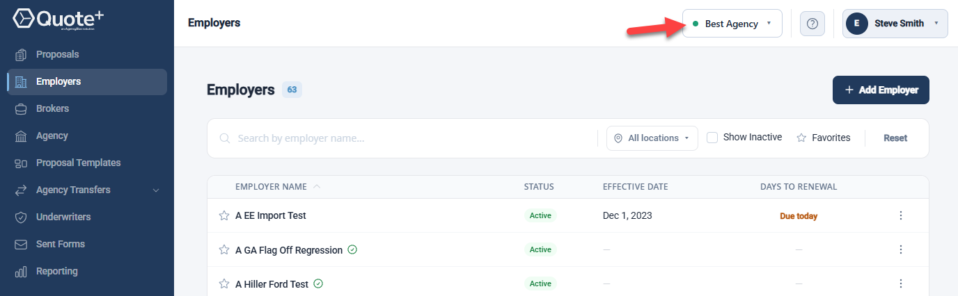 Screenshot showing how to change the Sub-Agency being viewed in Quote+