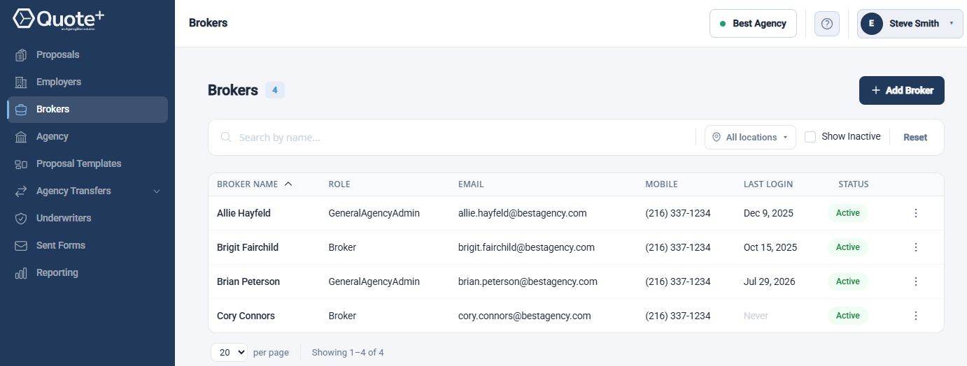 Screenshot showing the Brokers page while logged into Quote+ as a GA Broker 