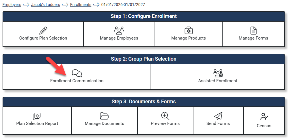Screenshot showing how to access Enrollment Communications in the Enrollment Hub