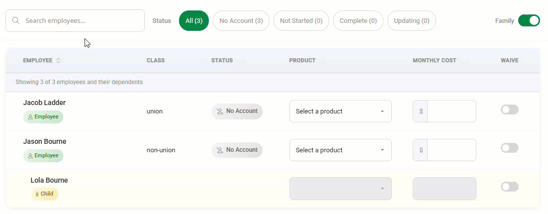 Animated image showing how to use the search filter to find a specific Employee on the Assisted Enrollment page