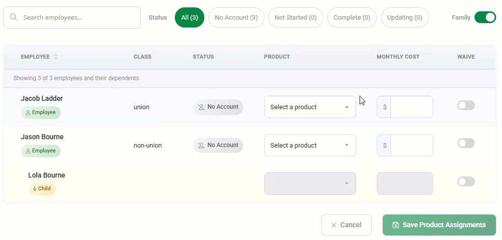 Animated image showing how to assign products and waive coverage for Employees on the Assisted Enrollment page