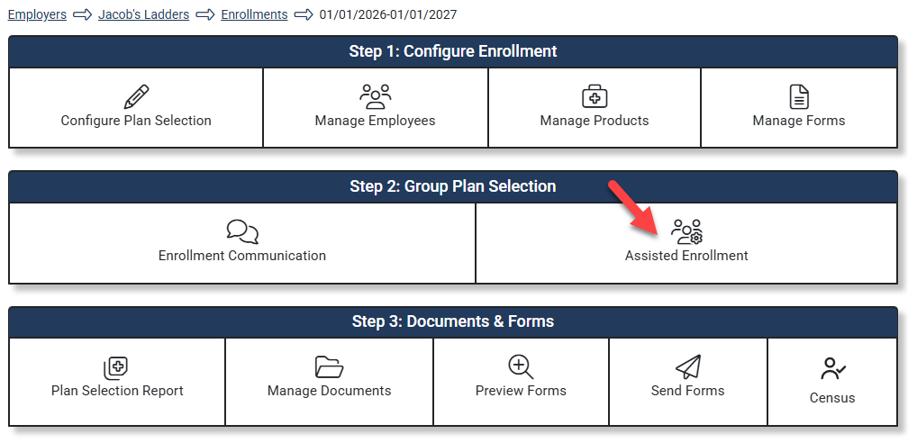 Screenshot highlighting the Assisted Enrollment link in the Enrollment Hub