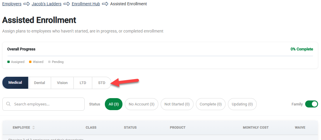 Screenshot highlighting the coverage line tabs on the Assisted Enrollment page