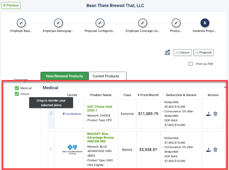 Screenshot showing the drag handle and Drag to reorder your selected plans tooltip on the New/Renewal Products tab in Step 6: Generate Proposal